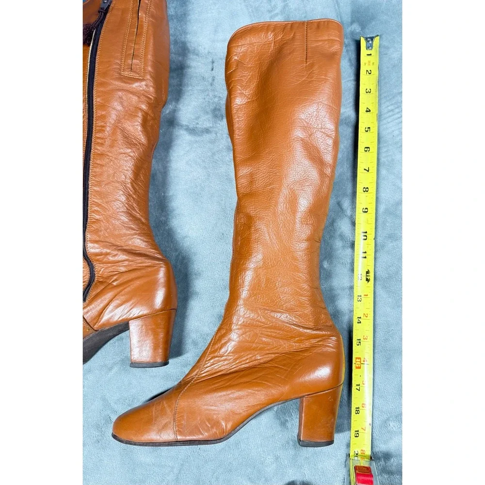 Vintage Revlations Boots Womens 8M Cognac Leather Knee High Zip 70s